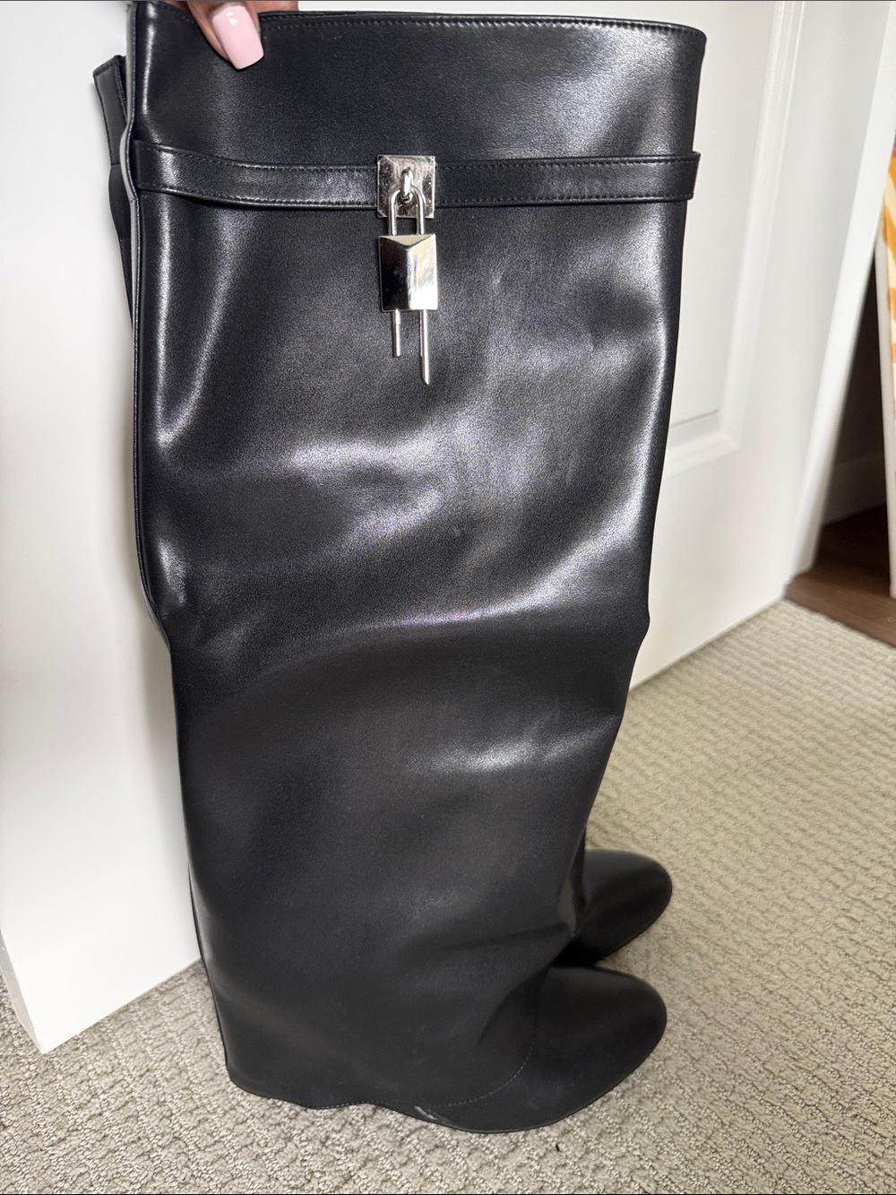 Tall Black Leather Boots with Silver Padlock Accent